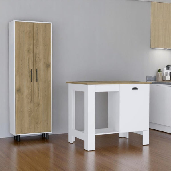 HomeRoots Set of Two Oak and White Wood Kitchen Island and Pantry Cabinet for Stylish, Organized Spaces 526344