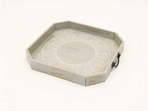 Homeroots Set Of Two Gray And White Octagon Solid Wood Paisley Handmade Serving Tray With Handles   526348