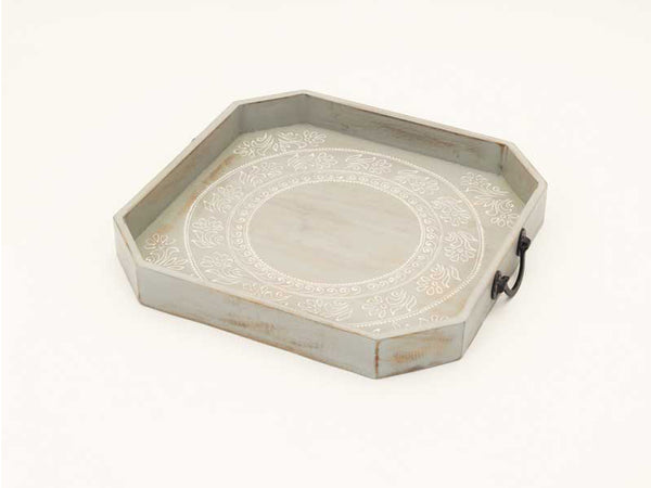 Homeroots Set Of Two Gray And White Octagon Solid Wood Paisley Handmade Serving Tray With Handles   526348