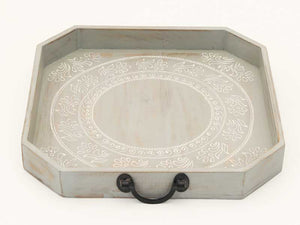 Homeroots Set Of Two Gray And White Octagon Solid Wood Paisley Handmade Serving Tray With Handles   526348
