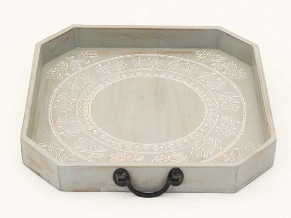 Homeroots Set Of Two Gray And White Octagon Solid Wood Paisley Handmade Serving Tray With Handles   526348