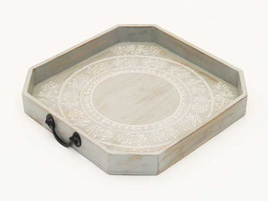 Homeroots Set Of Two Gray And White Octagon Solid Wood Paisley Handmade Serving Tray With Handles   526348