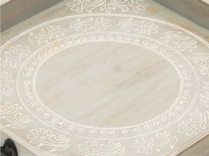 Homeroots Set Of Two Gray And White Octagon Solid Wood Paisley Handmade Serving Tray With Handles   526348