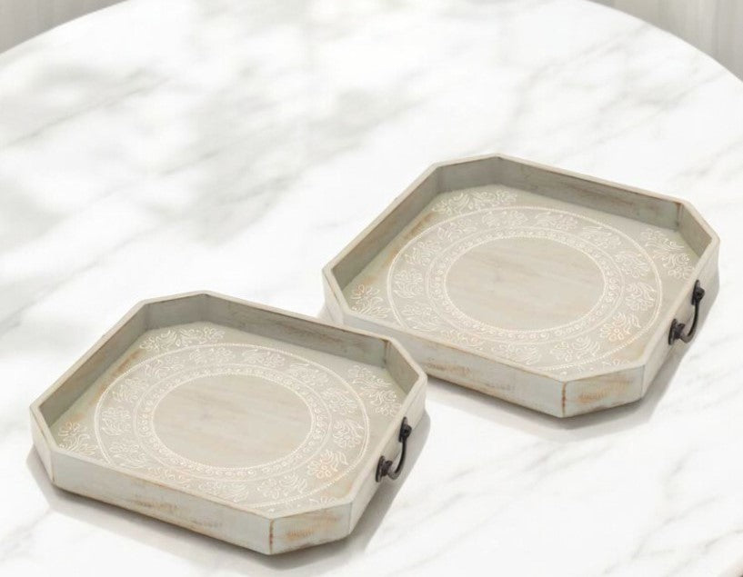 Homeroots Set Of Two Gray And White Octagon Solid Wood Paisley Handmade Serving Tray With Handles   526348