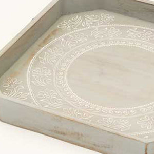 Homeroots Set Of Two Gray And White Octagon Solid Wood Paisley Handmade Serving Tray With Handles   526348