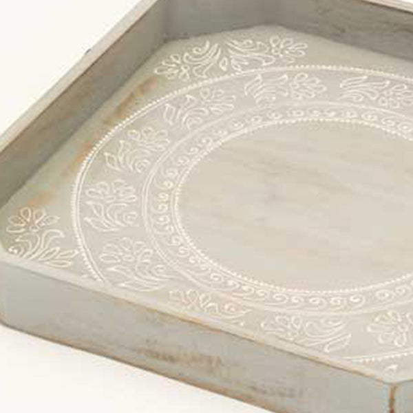 Homeroots Set Of Two Gray And White Octagon Solid Wood Paisley Handmade Serving Tray With Handles   526348