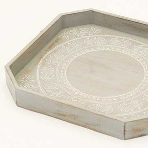 Homeroots Set Of Two Gray And White Octagon Solid Wood Paisley Handmade Serving Tray With Handles   526348