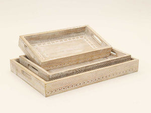 Homeroots Set Of Three White Rectangular Solid Wood Handmade Serving Tray With Handles   526349
