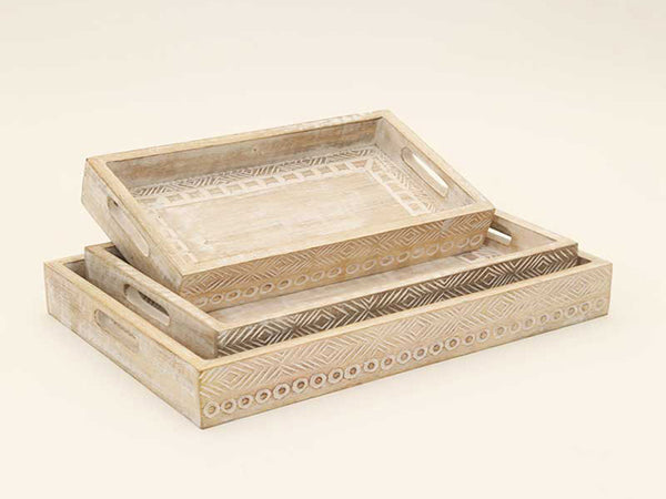 Homeroots Set Of Three White Rectangular Solid Wood Handmade Serving Tray With Handles   526349