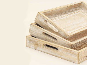 Homeroots Set Of Three White Rectangular Solid Wood Handmade Serving Tray With Handles   526349