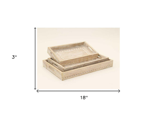 Homeroots Set Of Three White Rectangular Solid Wood Handmade Serving Tray With Handles   526349