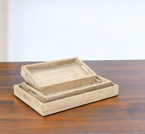 Homeroots Set Of Three White Rectangular Solid Wood Handmade Serving Tray With Handles   526349