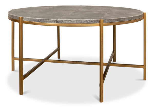 Sarreid Grey Shagreen Coffee Table With Antiqued Brass Base - Elegant Leather Finish & Sturdy Iron Frame Black  52634