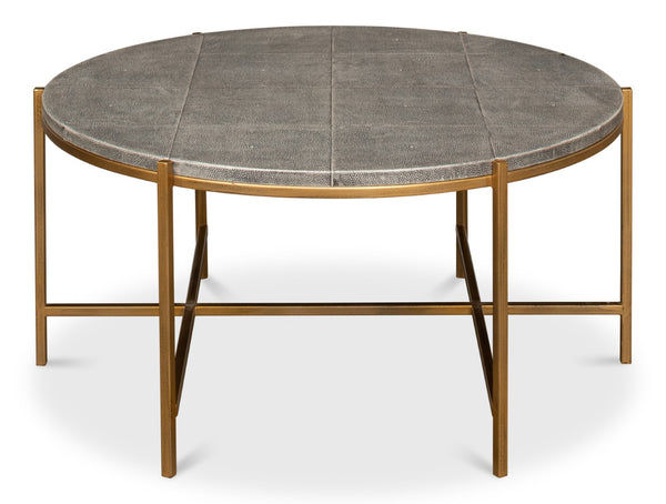Sarreid Grey Shagreen Coffee Table With Antiqued Brass Base - Elegant Leather Finish & Sturdy Iron Frame Black  52634