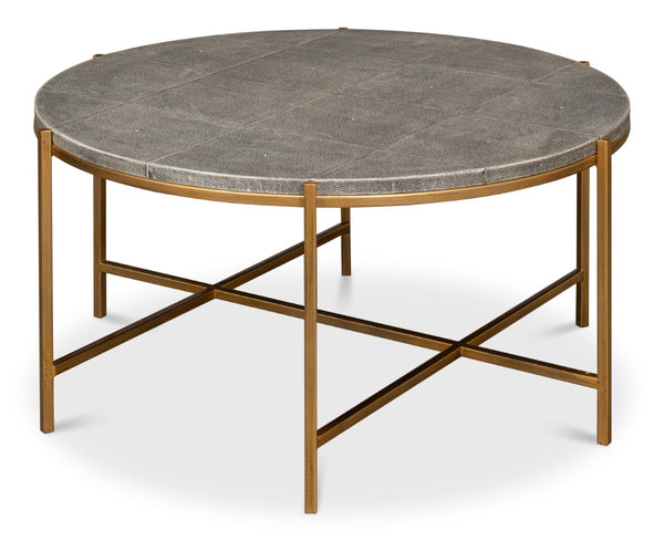 Sarreid Grey Shagreen Coffee Table With Antiqued Brass Base - Elegant Leather Finish & Sturdy Iron Frame Black  52634