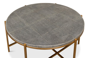 Sarreid Grey Shagreen Coffee Table With Antiqued Brass Base - Elegant Leather Finish & Sturdy Iron Frame Black  52634