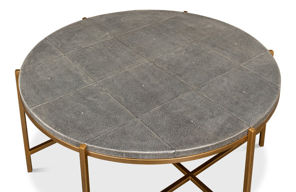 Sarreid Grey Shagreen Coffee Table With Antiqued Brass Base - Elegant Leather Finish & Sturdy Iron Frame Black  52634