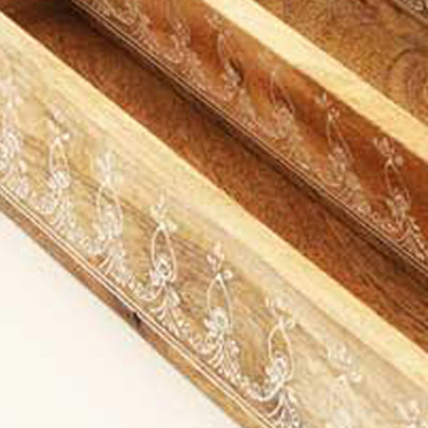 Homeroots Set Of Three Natural Rectangular Solid Wood Floral Handmade Serving Tray With Handles   526350