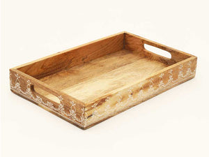 Homeroots Set Of Three Natural Rectangular Solid Wood Floral Handmade Serving Tray With Handles   526350