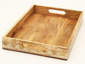Homeroots Set Of Three Natural Rectangular Solid Wood Floral Handmade Serving Tray With Handles   526350