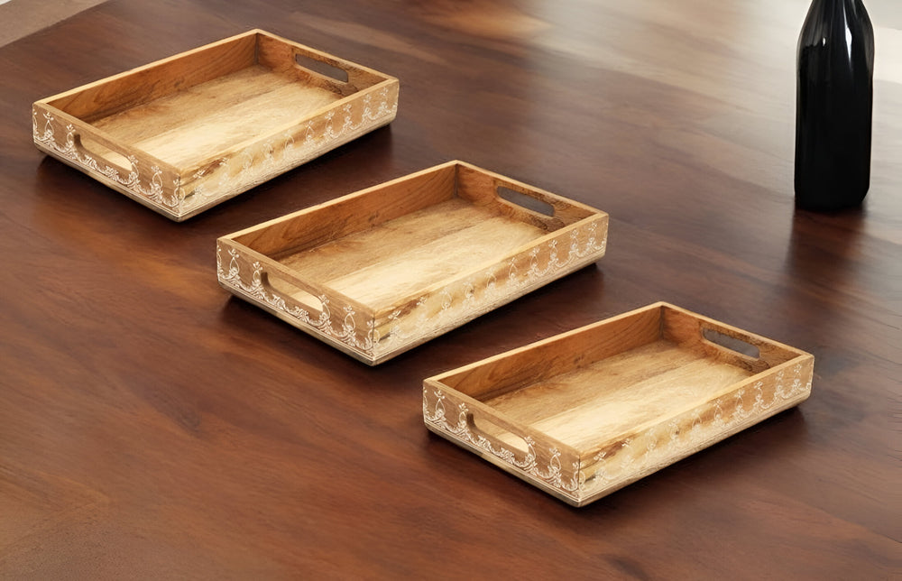 Homeroots Set Of Three Natural Rectangular Solid Wood Floral Handmade Serving Tray With Handles   526350