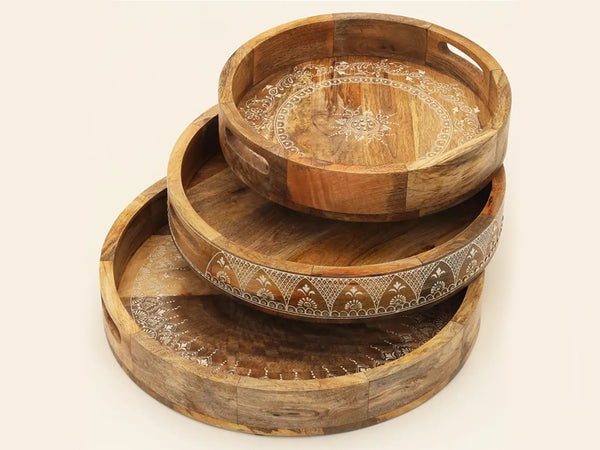 Homeroots Set Of Three Natural Round Solid Wood Floral Indoor Outdoor Handmade Serving Tray With Handles   526351