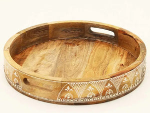 Homeroots Set Of Three Natural Round Solid Wood Floral Indoor Outdoor Handmade Serving Tray With Handles   526351