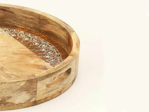 Homeroots Set Of Three Natural Round Solid Wood Floral Indoor Outdoor Handmade Serving Tray With Handles   526351