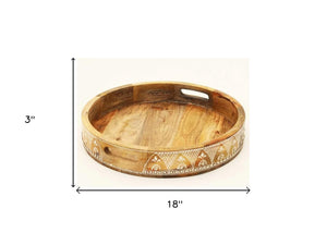 Homeroots Set Of Three Natural Round Solid Wood Floral Indoor Outdoor Handmade Serving Tray With Handles   526351