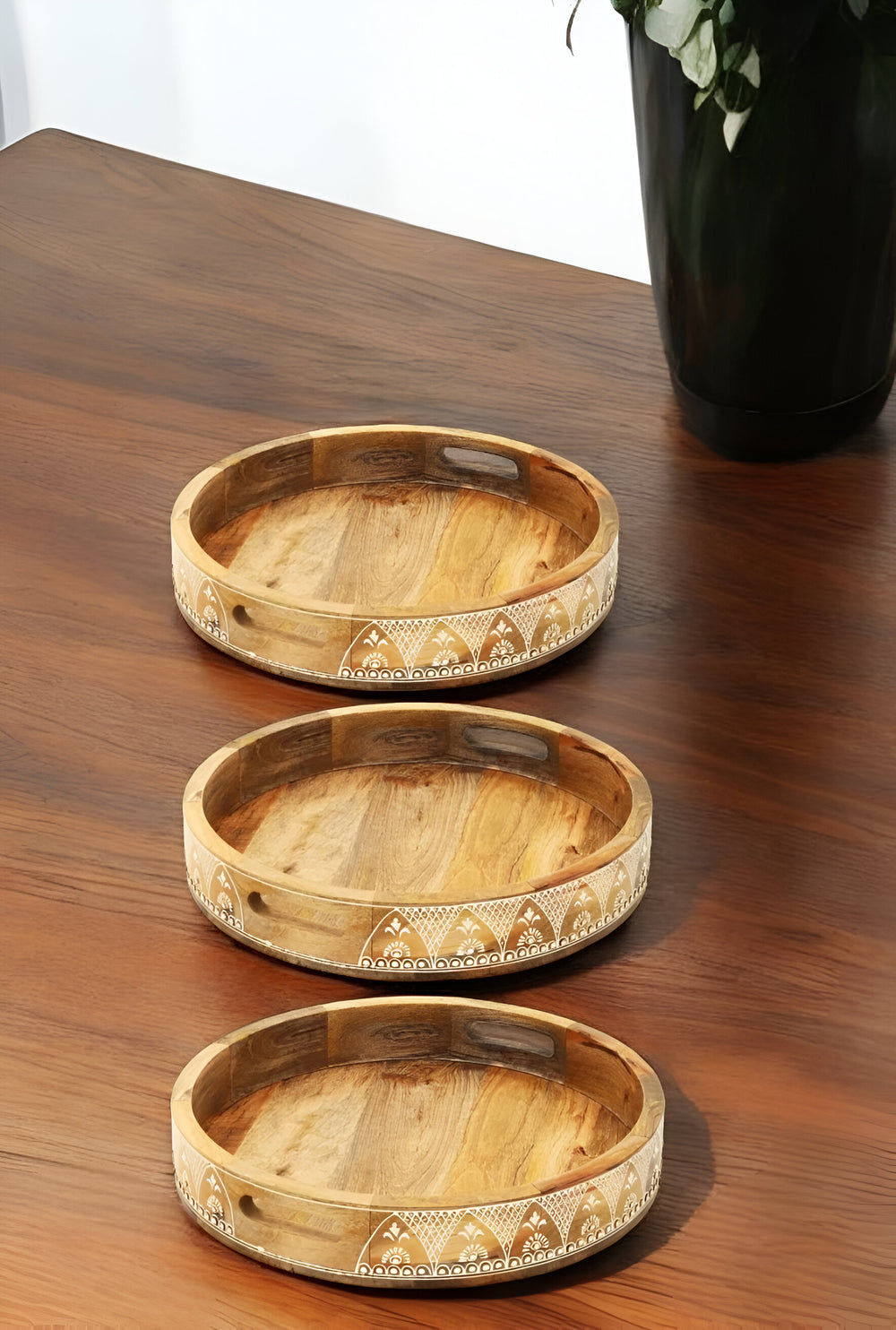 Homeroots Set Of Three Natural Round Solid Wood Floral Indoor Outdoor Handmade Serving Tray With Handles   526351