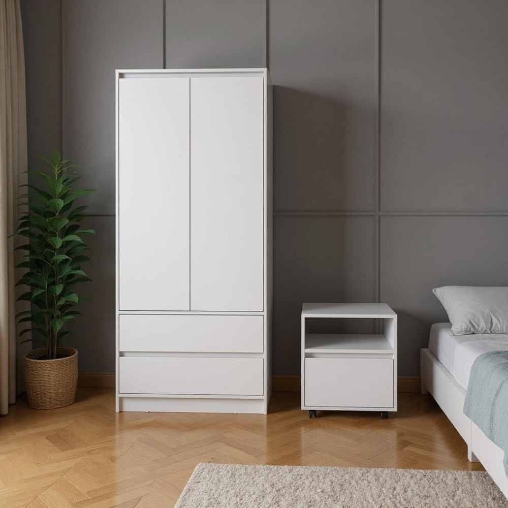HomeRoots Two Piece White Bedroom Set - Modern Minimalist Nightstand & Armoire for Stylish Storage Solutions 526356