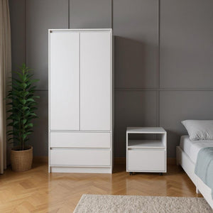 HomeRoots Two Piece White Bedroom Set - Modern Minimalist Nightstand & Armoire for Stylish Storage Solutions 526356