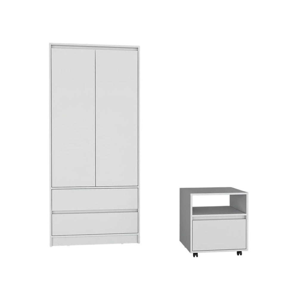 HomeRoots Two Piece White Bedroom Set - Modern Minimalist Nightstand & Armoire for Stylish Storage Solutions 526356