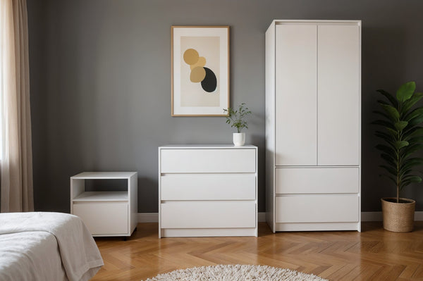 HomeRoots Three Piece White Bedroom Set - Modern Minimalist Ensemble with Ample Storage for Stylish Organization 526358