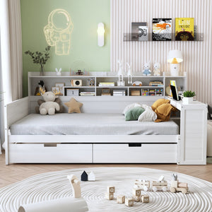 English Elm Wooden Full Size Daybed with Built-In Desk, Side Shelves and Dual Drawers for Organized Living Antique White 70 L x 18.6 W x 5.5 H N733S241486K