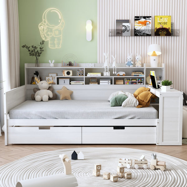 English Elm Wooden Full Size Daybed with Built-In Desk, Side Shelves and Dual Drawers for Organized Living Antique White 70 L x 18.6 W x 5.5 H N733S241486K