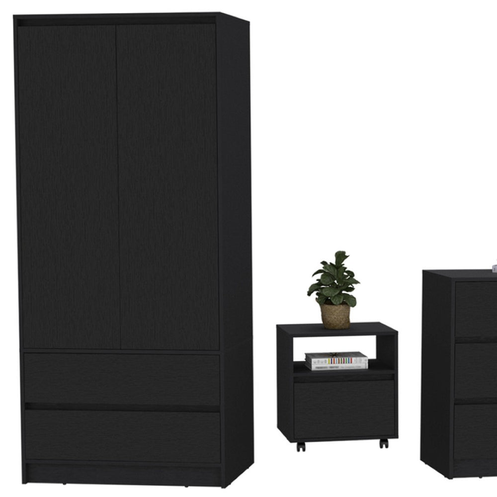 HomeRoots Three Piece Black Bedroom Set – Modern Style with Durable Wood, Spacious Storage & Sleek Metal Accents 526360
