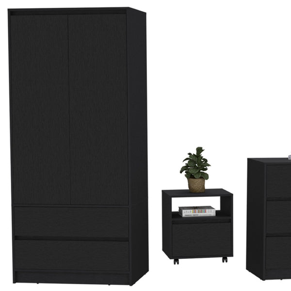 HomeRoots Three Piece Black Bedroom Set – Modern Style with Durable Wood, Spacious Storage & Sleek Metal Accents 526360