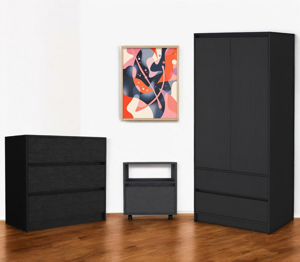 HomeRoots Three Piece Black Bedroom Set – Modern Style with Durable Wood, Spacious Storage & Sleek Metal Accents 526360