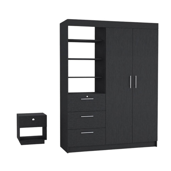 HomeRoots Two Piece Black Bedroom Set - Modern Nightstand & Armoire for Stylish Storage in Contemporary Spaces 526363