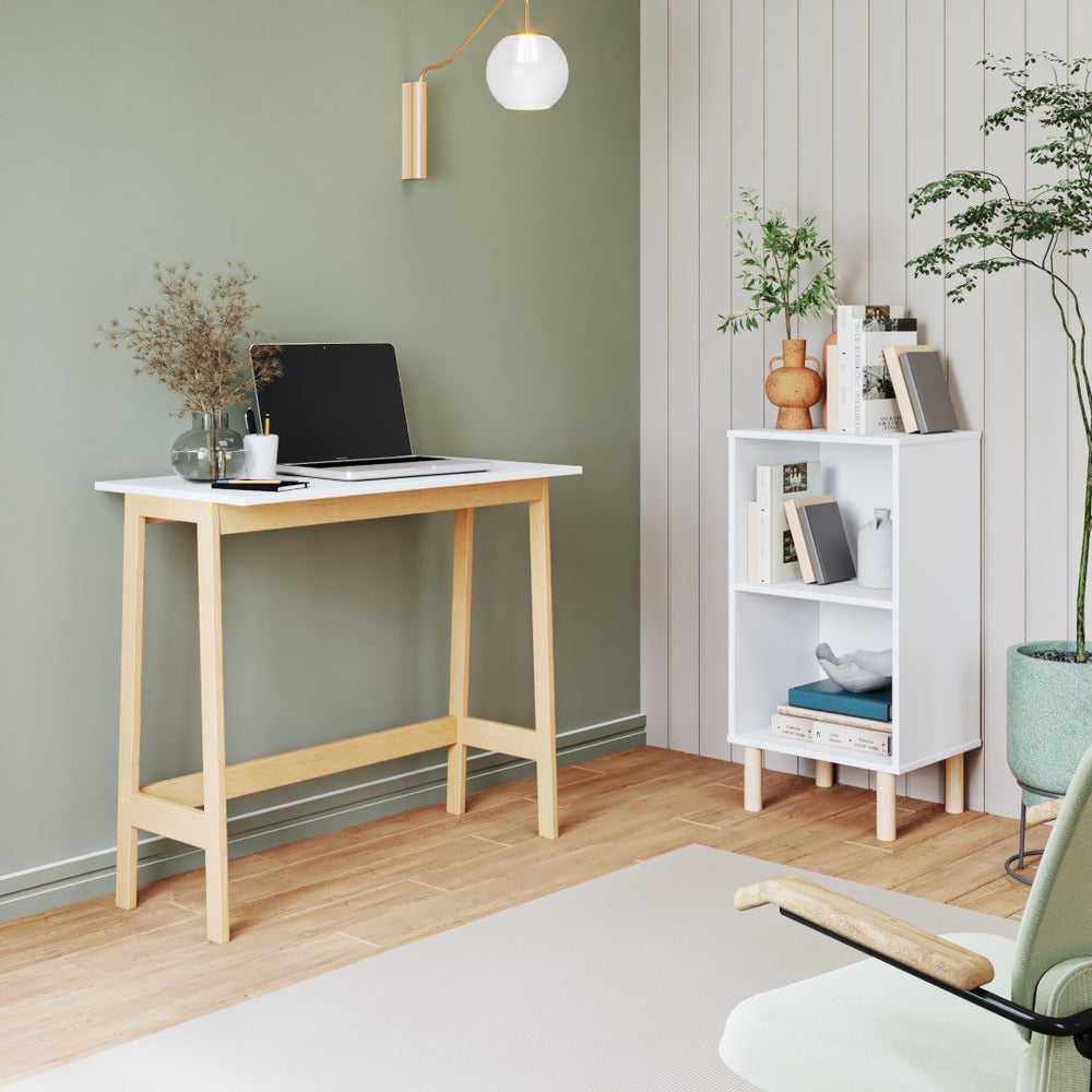 HomeRoots 35" Modern H-Shape Writing Desk in White and Brown – Compact, Stylish, and Perfect for Small Spaces 526369