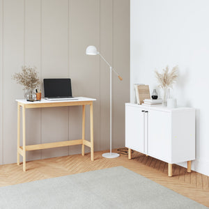 HomeRoots 35" Chic White and Brown H-Shape Writing Desk with Two Cabinets for Stylish Home Office Organization 526371