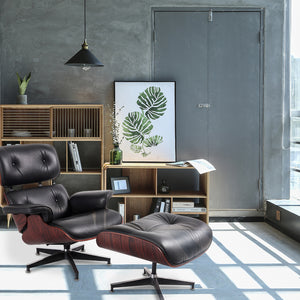 Homeroots 35" Black Tufted Leather And Dark Brown Swivel Lounge Chair With Ottoman   526372