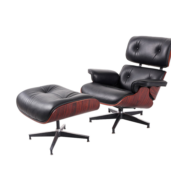 Homeroots 35" Black Tufted Leather And Dark Brown Swivel Lounge Chair With Ottoman   526372
