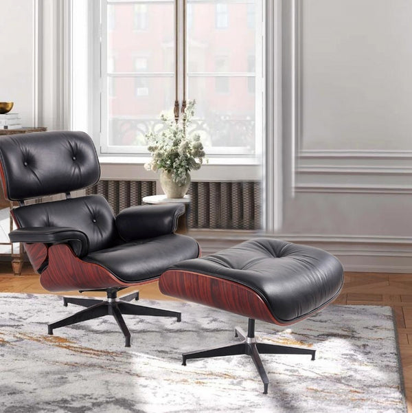 Homeroots 35" Black Tufted Leather And Dark Brown Swivel Lounge Chair With Ottoman   526372