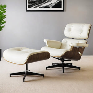 Homeroots 35" Beige And Dark Brown Genuine Leather Tufted Swivel Lounge Chair With Ottoman   526373