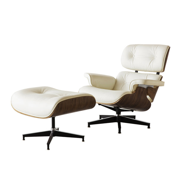 Homeroots 35" Beige And Dark Brown Genuine Leather Tufted Swivel Lounge Chair With Ottoman   526373