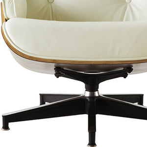 Homeroots 35" Beige And Dark Brown Genuine Leather Tufted Swivel Lounge Chair With Ottoman   526373