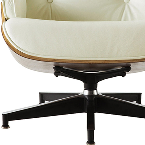 Homeroots 35" Beige And Dark Brown Genuine Leather Tufted Swivel Lounge Chair With Ottoman   526373