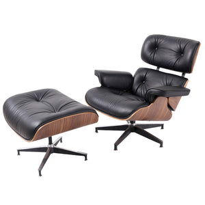 Homeroots 35" Black Tufted Leather And Brown Swivel Lounge Chair With Ottoman   526376